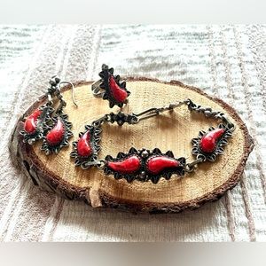 Set of Red Coral and Silver Bracelet Ring Earrings from Algeria